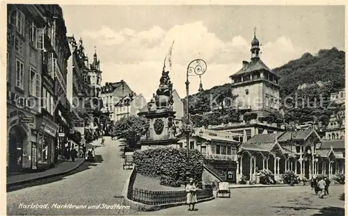 AK / Ansichtskarte Karlsbad Eger Marktbrunnen und Stadtturm