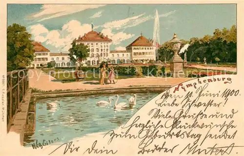 AK / Ansichtskarte Nymphenburg Schloss Park Schwaene Kuenstlerkarte Gilers Kat. Muenchen