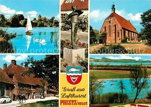AK / Ansichtskarte Preetz Holstein Uferpartie am See Bauernhof Statue Kirche Landschaftspanorama Kat. Preetz