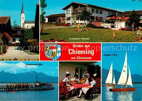 AK / Ansichtskarte Chieming Chiemsee Ortsmotiv mit Kirche Strandhotel Hallenbad Bootsanleger Segeln Chiemgauer Alpen Kat. Chieming