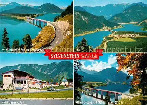 AK / Ansichtskarte Sylvensteinsee Lenggries Sylvensteinsee Klammbruecke Scharfreiter Fall Hotel Jaeger Alpenpanorama