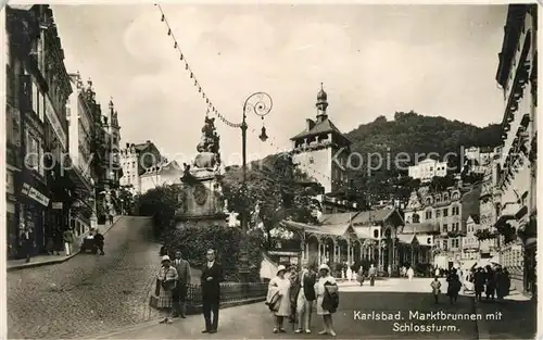 AK / Ansichtskarte Karlsbad Eger Marktbrunnen mit Schlossturm