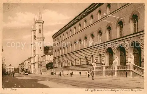 AK / Ansichtskarte Muenchen Ludwigstrasse mit Ludwigskirche und Siegestor Kat. Muenchen