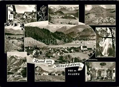 AK / Ansichtskarte Altstaedten Allgaeu Malerwinkel Wasserfall Nebelhorn Pfarrkirche Panoramen