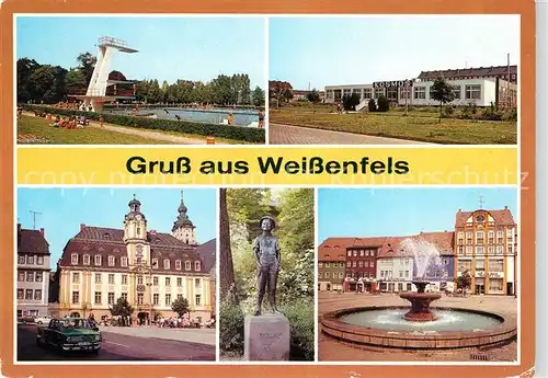 AK / Ansichtskarte Weissenfels Saale Freibad Gaststaette Kosmos Rathaus Schusterjunge Statue Karl Marx Platz Kat. Weissenfels