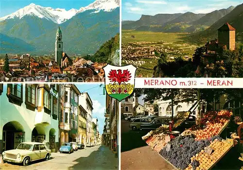 AK / Ansichtskarte Meran Merano Stadtpanorama Burg Alpen Strassenpartie Markt