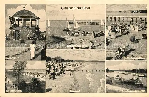 AK / Ansichtskarte Niendorf Ostseebad Musikpavillon Seebruecke Brodtner Ufer Promenade Strand Jacht und Fischereihafen Kat. Timmendorfer Strand