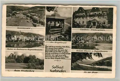 AK / Ansichtskarte Bad Karlshafen Panorama Eisenbahn Erholungsheim Hafen Rathaus Hugenottenturm Am Saengertempel Hessische Klippen Ruine Kruckenburg Weserpartie Kat. Bad Karlshafen