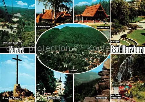 AK / Ansichtskarte Bad Harzburg Blick vom Burgberg Fliegeraufnahme Kaesteklippe Bummelallee Kreuz des Ostens Wasserfall Molkenhaus  Cafe Winuwuk Kat. Bad Harzburg