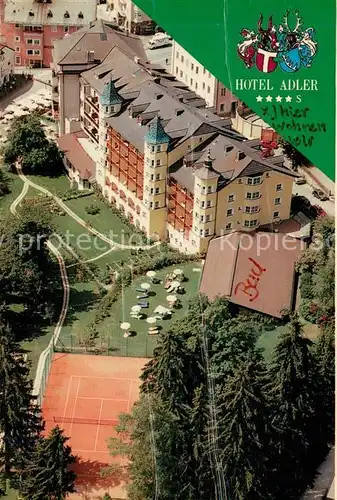 AK / Ansichtskarte Ortisei St Ulrich Hotel Adler Tennisplatz Fliegeraufnahme Wappen