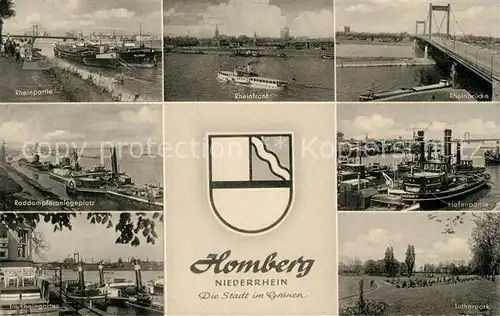 AK / Ansichtskarte Homberg Niederrhein Rheinpartie Dampfer Rheinbruecke Raddampferanlegeplatz Hafenpartie Rheingarten Lutherpark