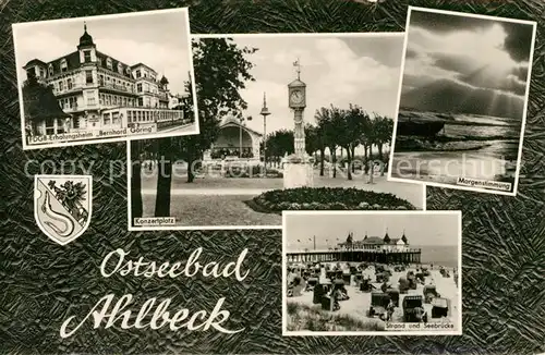 AK / Ansichtskarte Ahlbeck Ostseebad FDGB Erholungsheim Bernhard Goering Konzertplatz Morgenstimmung Strand Seebruecke Kat. Heringsdorf Insel Usedom