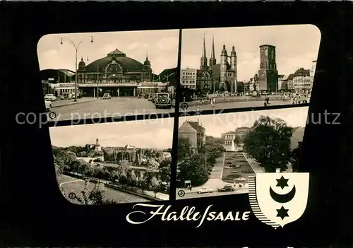 AK / Ansichtskarte Halle Saale Hauptbahnhof Burg Giebichenstein Theater des Friedens Marktplatz Kat. Halle