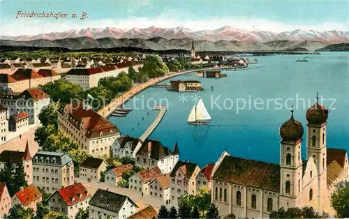 AK / Ansichtskarte Friedrichshafen Bodensee Kirche Hafen Alpen Segelboot Kat. Friedrichshafen