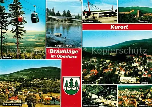 AK / Ansichtskarte Braunlage Wurmberg Eisstadion Seilbahn Bode Wasserfall Luftbild Kat. Braunlage Harz