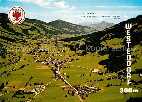 AK / Ansichtskarte Westendorf Tirol Fliegeraufnahme mit Loferer Steinberge und Kitzbueheler Horn Kat. Westendorf