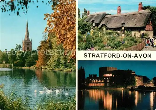 AK / Ansichtskarte Stratford on Avon Uferpartie am Avon Schwaene Cottage Royal Shakespere Theater Nachtaufnahme Kat. Stratford on Avon