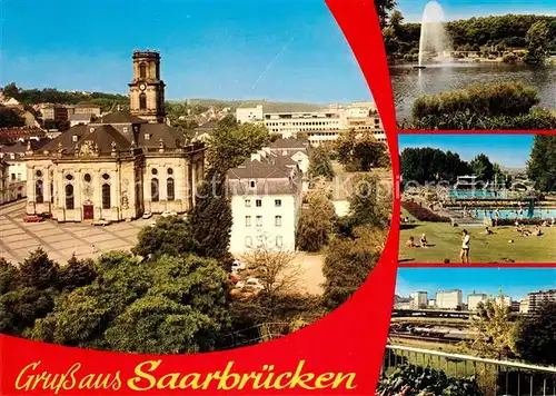 AK / Ansichtskarte Saarbruecken Ludwigskirche Deutsch Franzoesischer Garten Schwarzenbergbad Freibad Saarufer Kat. Saarbruecken
