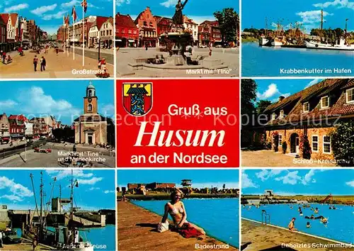 Husum Nordfriesland Grossstrasse Markt mit Tine Krabbenkutter Hafen Marienkirche Schloss Archiv Kat. Husum