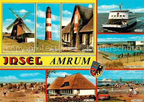 Amrum Anlegebruecke Faehrschiff Leuchtturm Muehle Friesenhaus Strand Kat. Nebel