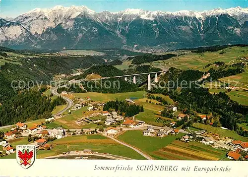 AK / Ansichtskarte Schoenberg Stubaital Fliegeraufnahme mit Europabruecke Brennerautobahn Innsbrucker Nordkette Kat. Schoenberg im Stubaital