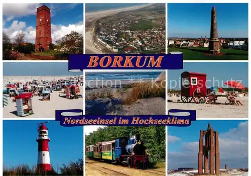 AK / Ansichtskarte Borkum Nordseebad Leuchtturm Strand Leuchtturm Dampflokomotive Badehaus Duenen Denkmal Fliegeraufnahme Kat. Borkum