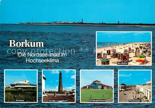 AK / Ansichtskarte Borkum Nordseebad Ansicht vom Meer aus Strand Kurhaus Leuchtturm Kinderspielhaus Promenade Kat. Borkum