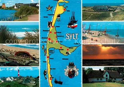 AK / Ansichtskarte Insel Sylt Impressionen der Insel Strand Duenen Leuchtturm Sonnenuntergang am Meer Landkarte Kat. Westerland