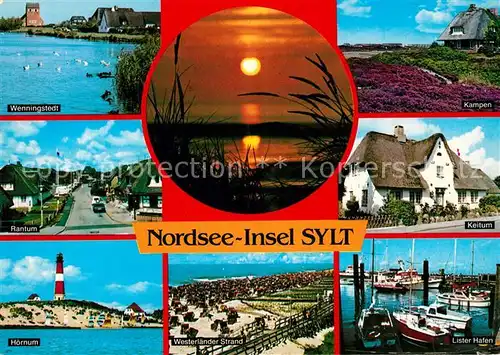 AK / Ansichtskarte Insel Sylt Wenningstedt Rantum Hoernum Leuchtturm Sonnenuntergang am Meer Kampen Keitum Lister Hafen Strand Kat. Westerland