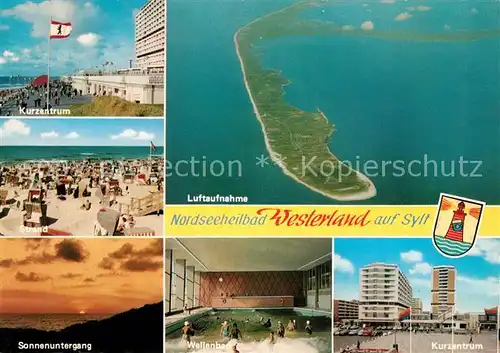 AK / Ansichtskarte Westerland Sylt Kurzentrum Strand Sonnenuntergang Wellenbad Wappen Fliegeraufnahme Kat. Westerland