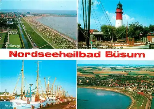 AK / Ansichtskarte Buesum Nordseebad Korbstrand Leuchtturm Fischerhafen Fliegeraufnahme Kat. Buesum