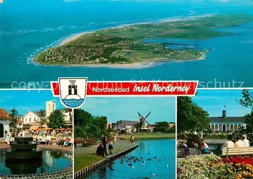 AK / Ansichtskarte Norderney Nordseebad Fliegeraufnahme Brunnen Promenade Wappen Kat. Norderney