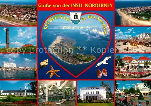 AK / Ansichtskarte Norderney Nordseebad Teilansichten Leuchtturm Meeresfruechte Moewe Herz Fliegeraufnahme Kat. Norderney