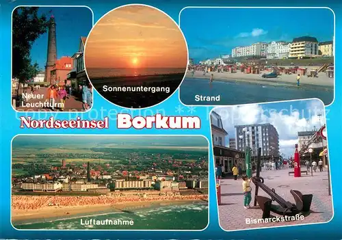 AK / Ansichtskarte Borkum Nordseebad Leuchtturm Sonnenuntergang Strand Bismarckstrasse Anker Fliegeraufnahme Kat. Borkum