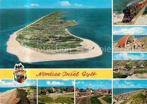 AK / Ansichtskarte Insel Sylt Fliegeraufnahme Autozug Hindenburgdamm Konzertpavillon Friesenhaeuser Strand Steilkueste Kat. Westerland