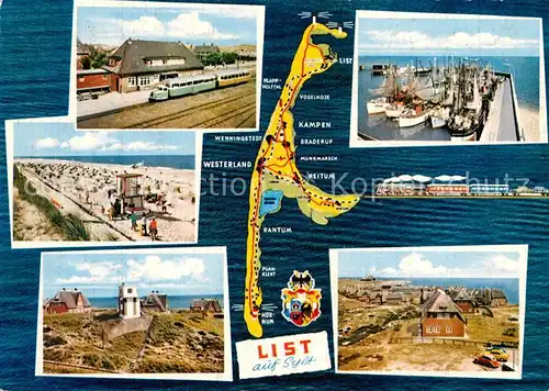 AK / Ansichtskarte List Sylt Inselzug Bahnhof Strand Friesenhaeuser Hafen Landkarte Kat. List