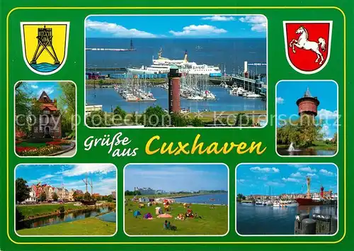 AK / Ansichtskarte Cuxhaven Nordseebad Hafen Faehre Wasserturm Strand Wappen Kat. Cuxhaven