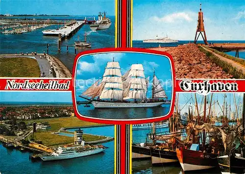 AK / Ansichtskarte Cuxhaven Nordseebad Stadt an der Deutschen Bucht Hafen Faehre Kugelbake Segelschiff Fischkutter Kat. Cuxhaven