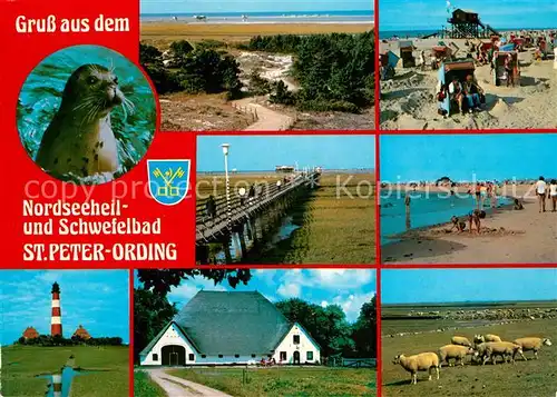 AK / Ansichtskarte St Peter Ording Seehund Strand Bruecke zur Sandbank Leuchtturm Bauernhof Schafe Kat. Sankt Peter Ording