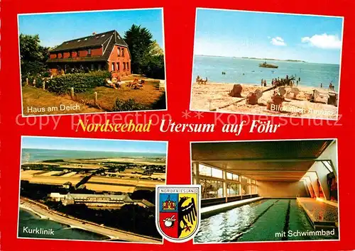 AK / Ansichtskarte Utersum Haus am Deich Strand Blick nach Amrum Hallenbad Kurklinik Fliegeraufnahme Kat. Utersum