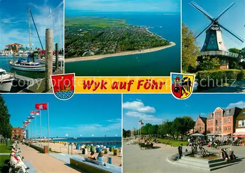 AK / Ansichtskarte Wyk Foehr Hafen Windmuehle Strand Promenade Fliegeraufnahme Wappen Kat. Wyk auf Foehr