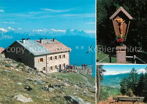 AK / Ansichtskarte Brixen Suedtirol Radlseehaus Berghaus mit Geislergruppe Langkofelgruppe Dolomiten Wegekreuz Alpenpanorama Kat. Bressanone