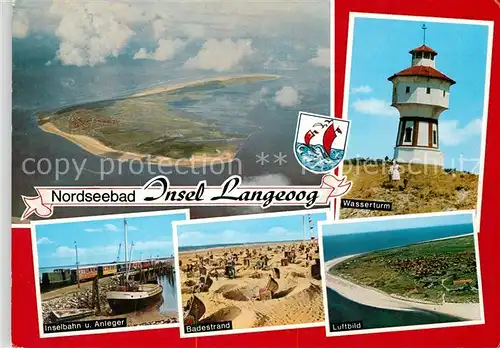 AK / Ansichtskarte Langeoog Nordseebad Fliegeraufnahme Wasserturm Inselbahn Anleger Strand Kat. Langeoog