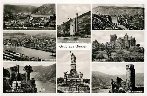 AK / Ansichtskarte Bingen Rhein Fliegeraufnahmen  Drususbruecke Burg Klopp Ruine Ehrenfels National Denkmal Burg Rheinsten Rosseblick Blick vom Rochusberg Kat. Bingen am Rhein