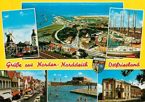 AK / Ansichtskarte Norden Norddeich Ostfriesland Fliegeraufnahme Hafen Windmuehle Schwimmbad Kat. Norden