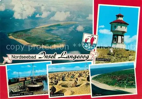 AK / Ansichtskarte Langeoog Nordseebad Fliegeraufnahme Wasserturm Inselbahn Anleger Badestrand Kat. Langeoog