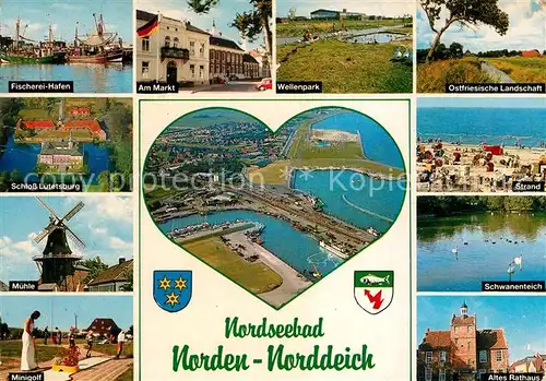 AK / Ansichtskarte Norddeich Ostfriesland Fischerei Hafen Markt Wellenpark Muehle Schloss Luetetsburg Strand Rathaus  Kat. Norden