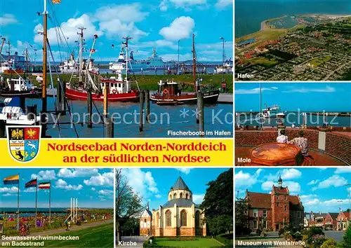 AK / Ansichtskarte Norddeich Ostfriesland Fischerboote Hafen Mole Museum Seewasserschwimmbecken Kirche Kat. Norden
