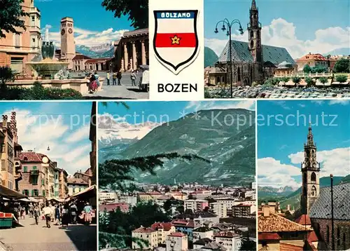 AK / Ansichtskarte Bozen Suedtirol Bahnhofsplatz mit Froschbrunnen Walterplatz Pfarrdom Obstmarkt Dolomiten  Kat. Bozen Suedtirol