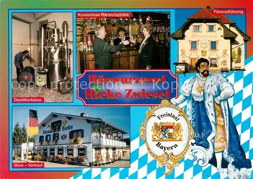 AK / Ansichtskarte Zwiesel Niederbayern Bayerwald Baerwurzerei Hieke Destillierblase Baerwurzprobe Wappen Kat. Zwiesel